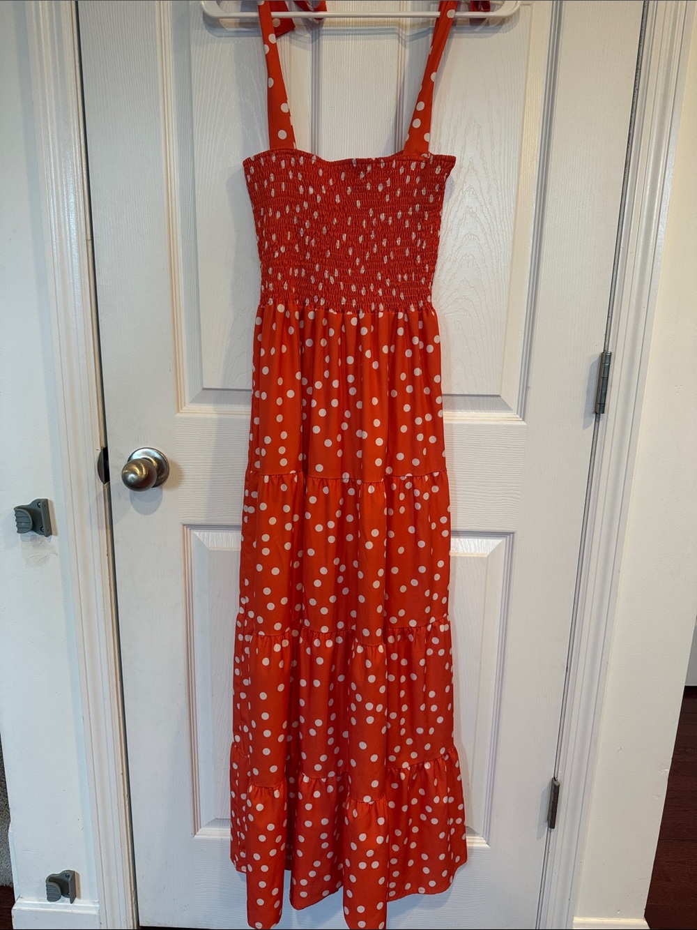 Orange Polka Dot Smocked Maxi Dress with Tie Straps